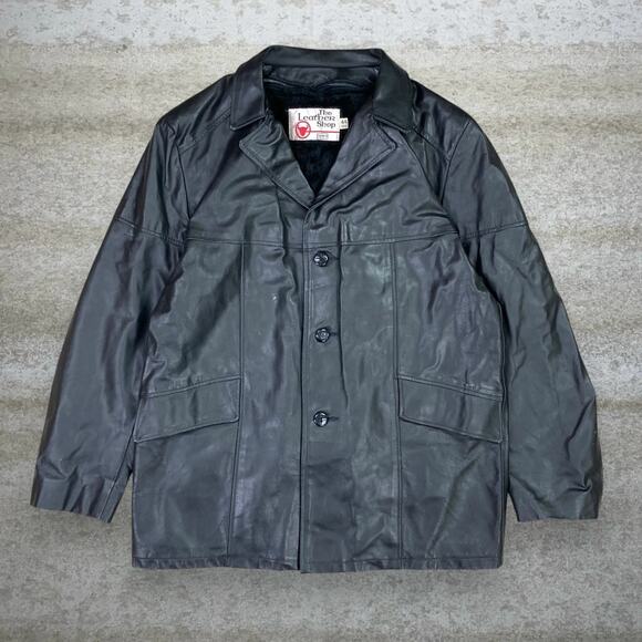 Vintage The Leather Shop Genuine Leather Jacket Jet Black Faux Fur Full Zip 90s - Picture 1 of 7